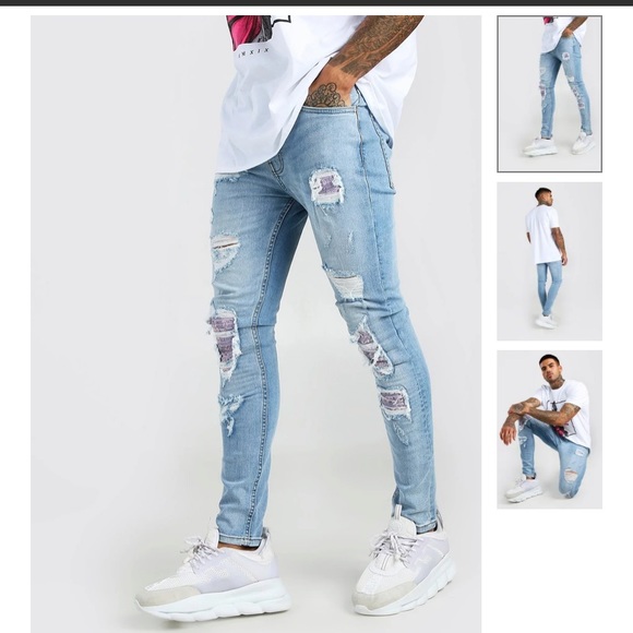 Boohoo Man SUPER SKINNY BANDANA RIP & REPAIR JEANS Sz 32 Distressed Medium Wash - Picture 2 of 9